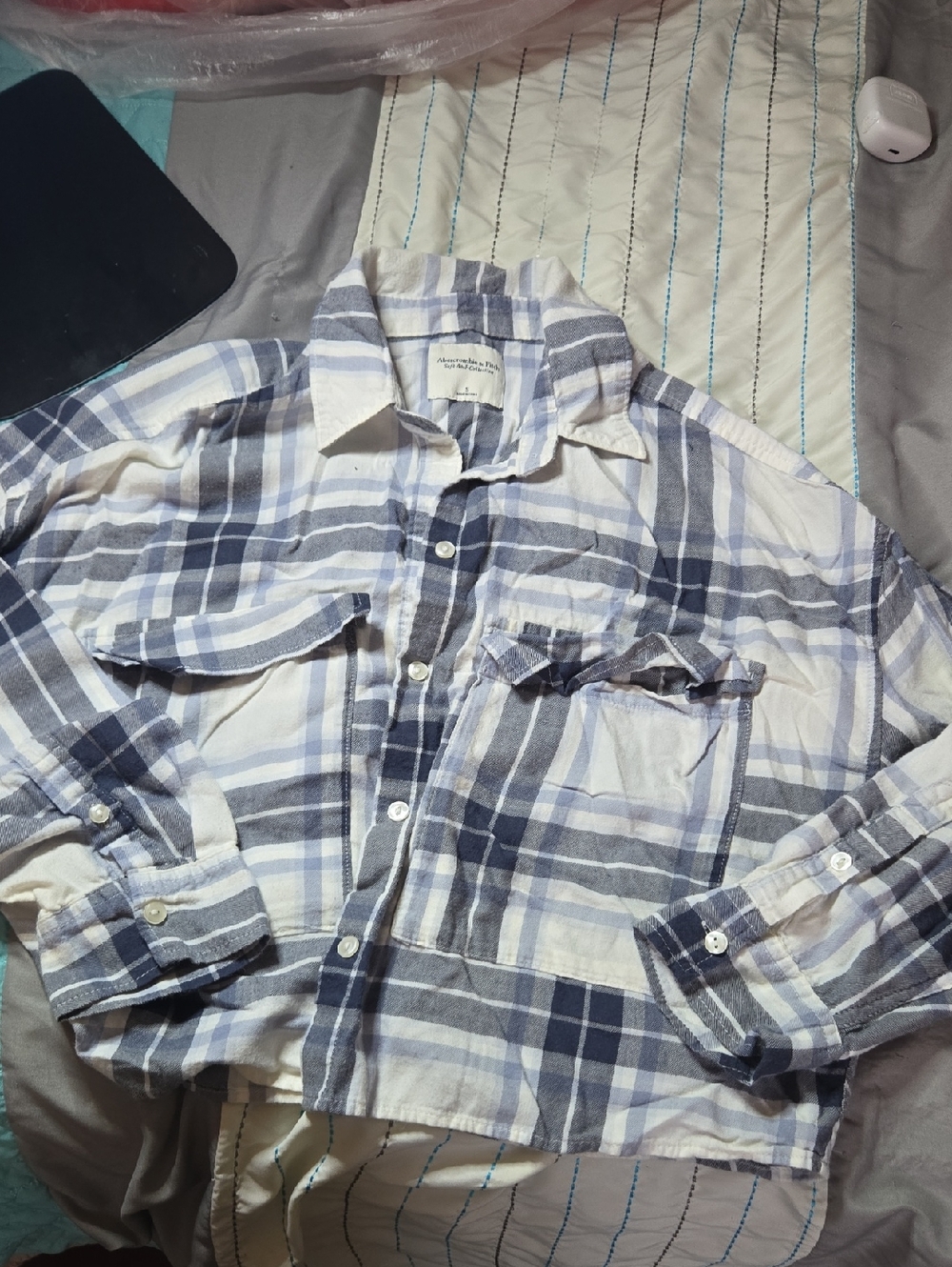 Abercrombie & Fitch White, Blue and Gray Plaid Button-Down Shirt